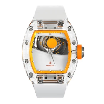 Мужские автоматические часы CRONUSART, роскошные механические наручные часы Tonneau, корпус из прозрачного хрусталя, светящийся ремешок из фторопласта