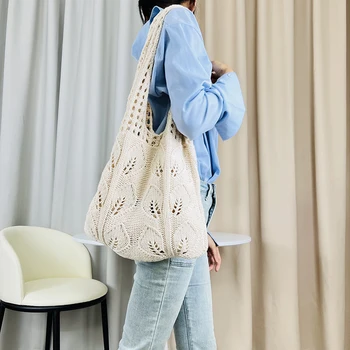 Новая вязаная сумочка ручной работы, минималистичная Корейская женская сумка на запястье с мини-узлом, студенческие многоразовые сумки для покупок, пляжная сумка через плечо