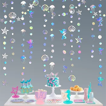 Русалочья гирлянда с медузами, ракушками, морскими звездами, жемчужинами, голографический бумажный серпантин для украшения вечеринки в честь дня рождения, детского душа