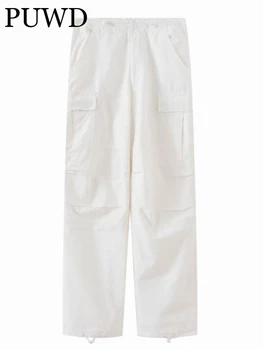 PUWD Женские Белые брюки-карго 2023 Летние Винтажные Женские Однотонные брюки с высокой талией, Женские Свободные брюки