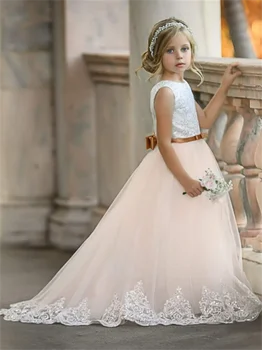 Платье с цветочным узором для девочки, Розовый Пушистый Тюль, Белый кружевной бант, Блестящее Свадебное платье с прекрасным цветком для первого Евхаристического дня рождения ребенка