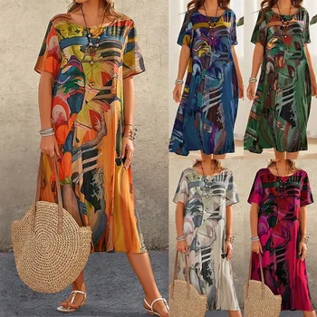 Платье для женщин, лето 2023, Новая мода, повседневные платья с короткими рукавами и круглым вырезом, свободные пляжные длинные платья