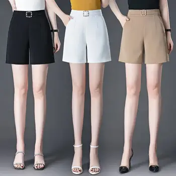 Летние универсальные Модные яркие линии, однотонные шорты с эластичной резинкой на талии, женские простые брюки с карманами и высокой талией.