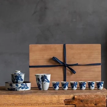 Ручная роспись синяя и белая деревянная коробка с хурмой чайный сервиз керамическая крышка чаша жестяная крышка горшок подарочная коробка бытовой кувшин для хранения воды подшипник