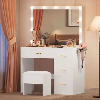 Туалетный столик для макияжа, Туалетный столик с табуреткой, Раздвижное зеркало с 11 светодиодными подсветками
