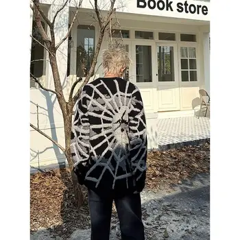 Повседневный свитер с круглым вырезом из жаккарда American Spider, Мужской Осенне-Зимний Модный бренд Lazy, Модный трикотаж Оверсайз
