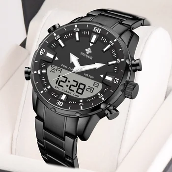 WWOOR Светодиодные роскошные мужские часы с высококачественным водонепроницаемым хронографом, люминесцентные мужские наручные часы, Кожаные мужские повседневные кварцевые часы