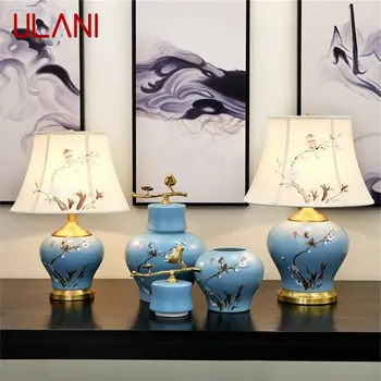 Керамические настольные лампы ULANI Blue Luxury Bird из латуни, тканевый настольный светильник, домашний декор для гостиной, столовой, спальни