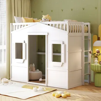 Элегантный Стильный дизайн, белая Двуспальная кровать-чердак для дома с лестницей, прочная и долговечная, удобная для детской спальни
