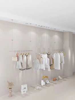 2023 Корейский Модный Серебристый стеллаж для выставки товаров в магазине женской одежды, Потолочное крепление, Подвесная вешалка для одежды из нержавеющей стали 304