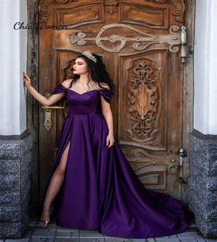 Элегантное фиолетовое платье для выпускного вечера 2023 с открытыми плечами, Атласное вечернее платье трапециевидной формы с разрезом спереди, скромные вечерние платья для официальных мероприятий, приема гостей