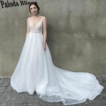Paloda Classic Свадебное платье на тонких бретельках для невесты, Трапециевидный шлейф, Тюлевая складка без рукавов, Vestidos De Novia
