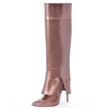 Новые женские ботинки из лакированной кожи с острым носком на тонком каблуке до колен, комбинированные брюки-трубочки Большого размера