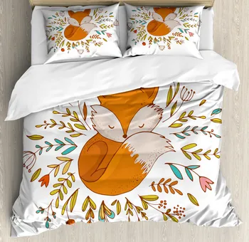 Пододеяльник с мультяшной лисой, королевский размер, лисенок Спит в цветочном круге, комплект постельного белья с изображением животных, полиэфирное стеганое одеяло