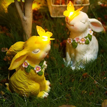 Водонепроницаемый Садовый Солнечный Кролик, Декоративная лампа, Статуя Милого Мультяшного кролика на лужайке, Миниатюрная фигурка с солнечным светом, Садовый декор