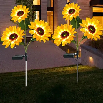 Светодиодные фонари для сада в виде подсолнуха, солнечные фонари в виде подсолнуха, 3-головная светодиодная водонепроницаемая лампа с искусственным желтым цветком для отдыха на открытом воздухе