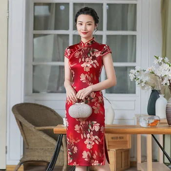 Вечернее платье в стиле ретро с воротником-стойкой, женское китайское традиционное платье Ципао с разрезом сбоку, винтажные платья с цветочным принтом Cheongsam