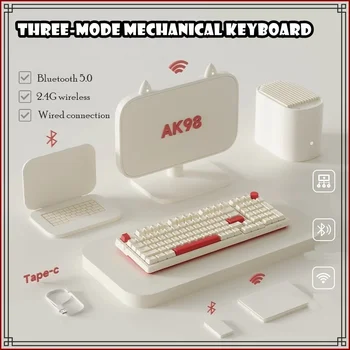 Индивидуальная конструкция AK98 Bluetooth, беспроводная проводная связь 2.4G, трехрежимная механическая клавиатура с полной горячей заменой клавиш