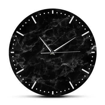 Минималистичные настенные часы из черного мрамора, бесшумные настенные часы с черным мраморным принтом для декора гостиной, современные абстрактные настенные часы