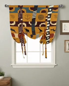 Племенной стиль в Африканском стиле, Кухня со Слоном и Жирафом, Короткая Занавеска на окне, Современный Домашний Декор, Маленькое окно, Римские Занавески на завязках