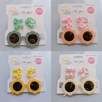 Комплект солнцезащитных очков BeQeuewll для детей и девочек, милые солнцезащитные очки с защитой от ультрафиолета в виде цветка и аксессуары для волос для фотосъемки