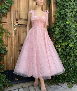 Элегантные вечерние платья для девочек из розового блестящего тюля трапециевидной формы, сшитые на заказ, Короткие коктейльные платья для выпускного вечера длиной до щиколотки