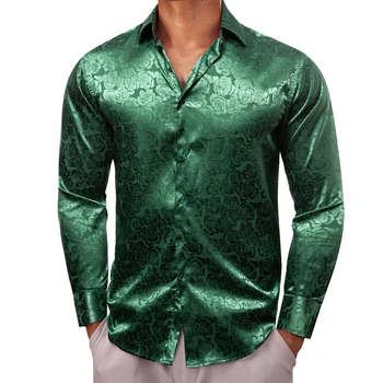 Роскошные рубашки для мужчин, шелковый атлас с длинным рукавом, зеленые цветочные облегающие мужские блузки, топы с отложным воротником, дышащая одежда