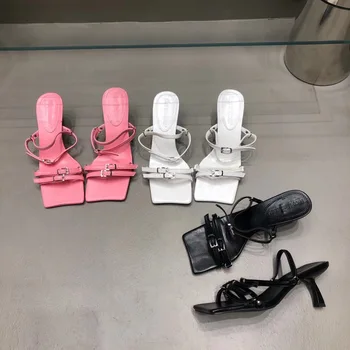 Женские шлепанцы с узкой лентой, Летние модельные туфли на тонком высоком каблуке, Черные, Белые, Розовые, Пикантные вечерние Свадебные босоножки, шлепанцы-слипоны