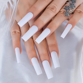 24 Шт Удлиненные Ногти Сплошной Цвет Белый Матовый Квадратный Пресс На Кончиках Ногтей Искусственные Ногти Для Повседневной Носки Grils Подарок