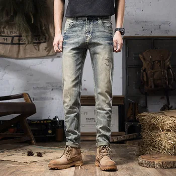 Весна и осень 2023, Новый модный тренд, Ретро Рваные джинсы с прямыми штанинами, Мужские повседневные Тонкие удобные брюки высокого качества 28-36