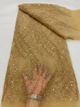 2024 Высококачественная Африканская Нигерийская тюлевая кружевная ткань с вышивкой пайетками Элегантное Французское гипюровое свадебное платье, расшитое бисером 5 ярдов
