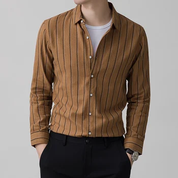 2023 Новые Высококачественные Классические Мужские Рубашки в полоску, Модная Повседневная Осенняя Рубашка Slim Fit с длинным рукавом, Мужская Брендовая одежда