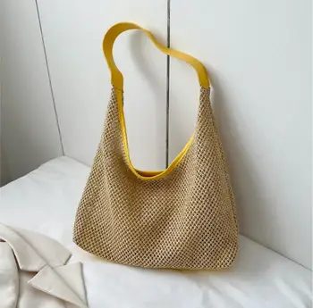 Мода 2023 года, однотонная соломенная тканая сумка, сумка-тоут большой емкости, сумка через плечо, сумка для покупок, женская сумка