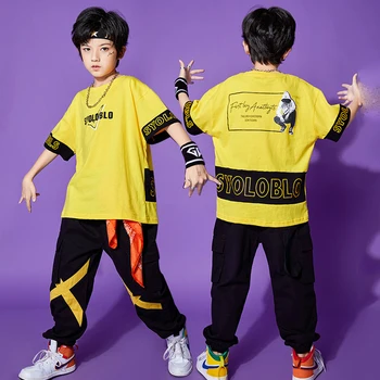 Детская одежда для танцев в стиле хип-хоп, желтые рубашки, свободные брюки, уличная одежда, сценические костюмы для джазовых выступлений для мальчиков DQS13205