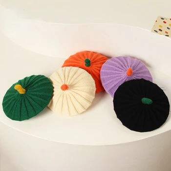Детская шапка-берет в виде тыквы, Осенне-зимняя модная детская уличная лепка, шапки для новорожденных, вязаные береты в виде тыквы