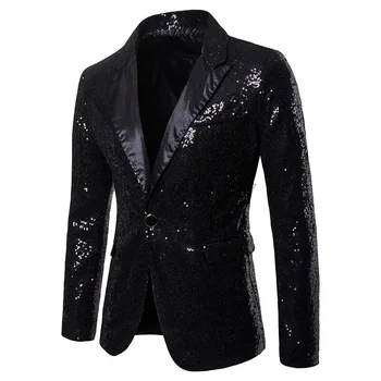 Черный костюм с воротником-шалью на одной пуговице, мужской пиджак с блестками, блейзер для ди-джея на выпускной в ночном клубе, мужская сценическая одежда для певцов