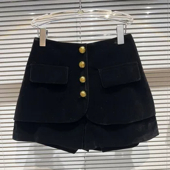 BORVEMAYS, черные бархатные шорты, тонкие повседневные универсальные металлические однобортные однотонные осенние новые женские брюки WZ5226
