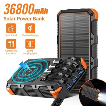 36800 мАч Солнечный аккумулятор Qi Беспроводное зарядное устройство Powerbank для iPhone 14 Samsung Huawei 15 Вт Быстрая зарядка Poverbank Встроенный кабель