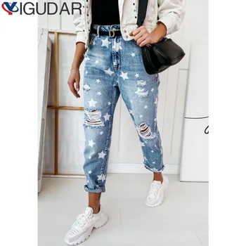 Осенние джинсы-бойфренды 2021, женские джинсы с узкими дырками для дам с пятиконечной звездой, рваные джинсы, уличные повседневные синие джинсовые брюки