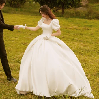 Стильное простое классическое бальное платье из атласа с коротким рукавом, белое свадебное платье без бретелек с бантом, индивидуальный корсет для свадьбы