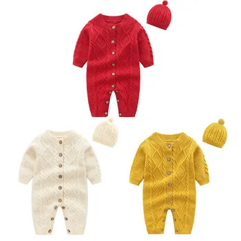 2023 Осенне-зимний Комбинезон-свитер для маленьких девочек, Хлопчатобумажный вязаный однотонный теплый комбинезон для маленьких девочек со шляпой, одежда для новорожденных девочек