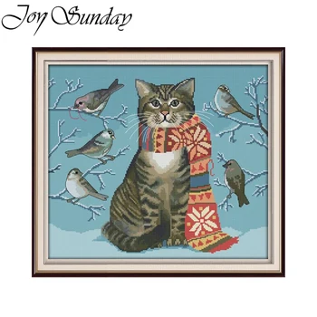 Joy Sunda Наборы для Вышивки Крестом С Котом и Птицами, Напечатанные Картины Из Ткани 