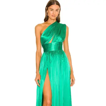 Женские вечерние платья без рукавов с вырезом на одно плечо, зеленые атласные плиссированные вечерние платья с разрезом по бокам, длиной до пола, вечерние платья для официальных мероприятий