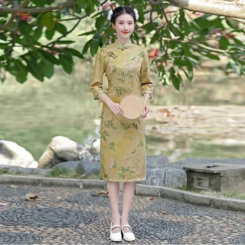 Улучшенный Чонсам, осень-зима, элегантное китайское традиционное темпераментное платье средней длины со стоячим вырезом, Ципао больших размеров