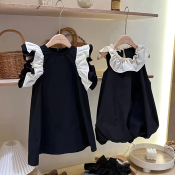 Платье для девочек 2023, летнее Новое модное черное платье, маленькое платье с летящими рукавами или платье принцессы с контрастной юбкой-пузырем