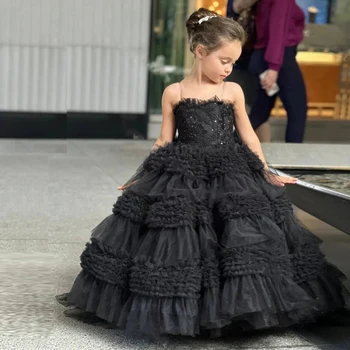 Черные праздничные платья для девочек, бальное платье с многоуровневыми оборками, детское праздничное платье на день рождения, детская свадебная одежда в стиле панк на бретельках