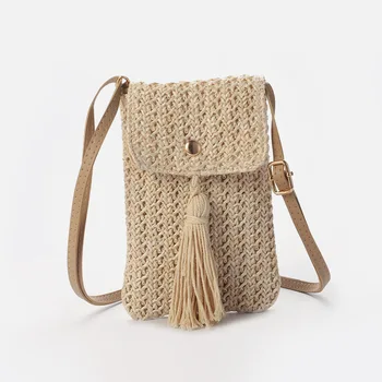 Женская соломенная пляжная сумка, праздничная сумка для мобильного телефона, летняя мини-сумка через плечо с кисточками для леди Gril Travel в богемном стиле