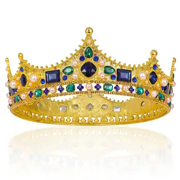 Золотые королевские короны для мужчин - Винтажный горный хрусталь в стиле барокко, мужская корона в полный рост для театральной выпускной вечеринки