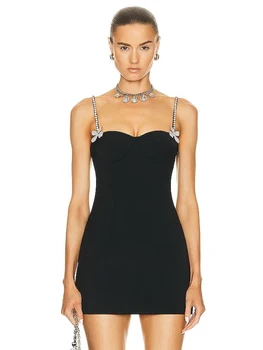 Летом 2023 года Новое женское сексуальное мини-платье на бретельках с V-образным вырезом и бриллиантовой повязкой, облегающее платье для вечеринки в клубе знаменитостей, Vestidos