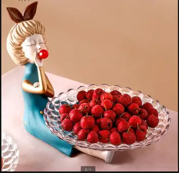 Хрустальная тарелка для фруктов Девушка из смолы Украшения для хранения закусок Девушка с заячьими ушками Статуэтка Поделки Металлический поднос